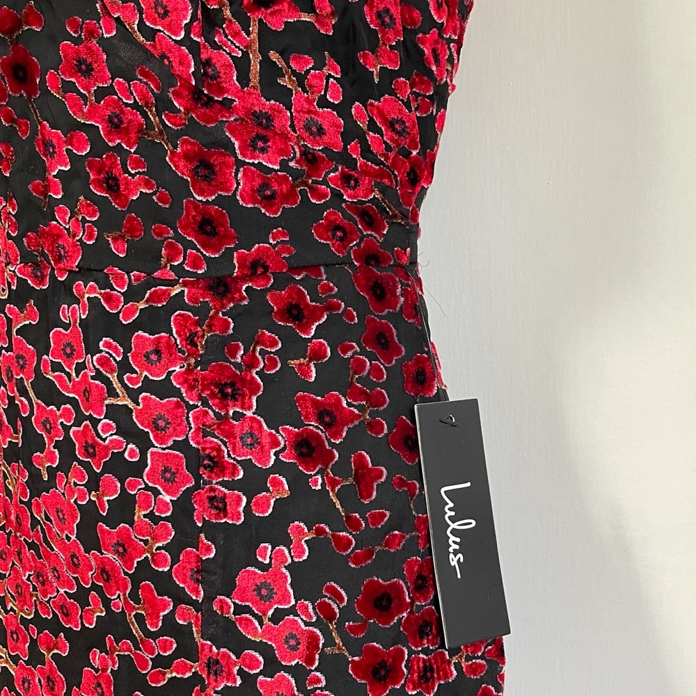 Black and Red Floral Print Burnout Velvet Midi Dress - Picture 3 of 6